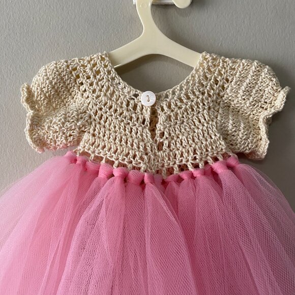 Handmade Cotton Crochet Beige Pink Tulle Doll Teddy Bear Tutu Dress - Picture 9 of 10